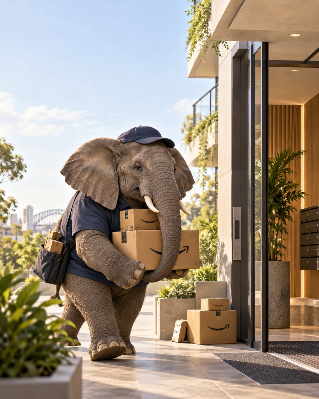 An elephant delivering Amazon parcels outside an apartment building.
