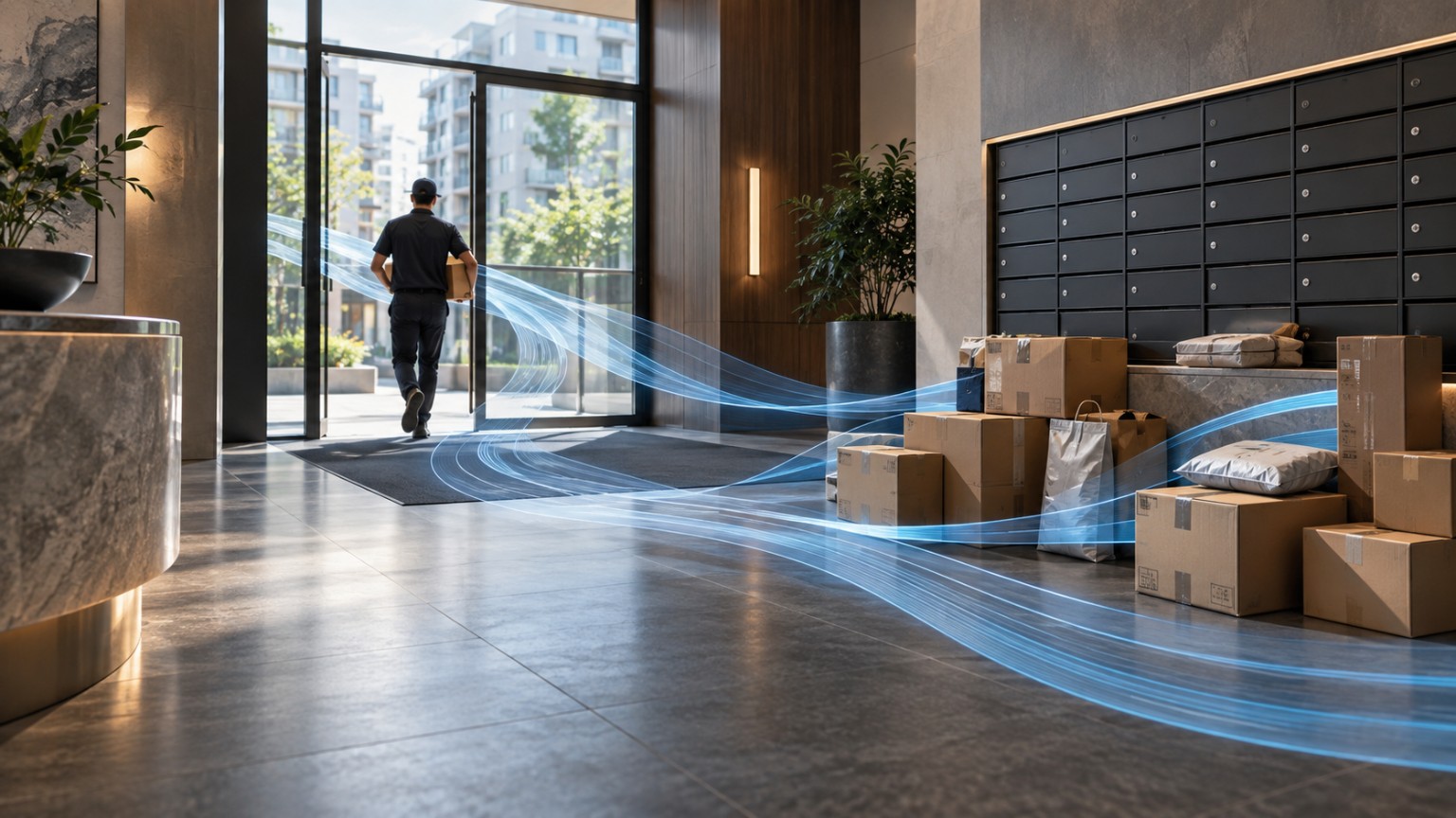 A delivery worker leaving an apartment lobby as parcels sit beside the letterboxes, with flowing lines suggesting a changing route.